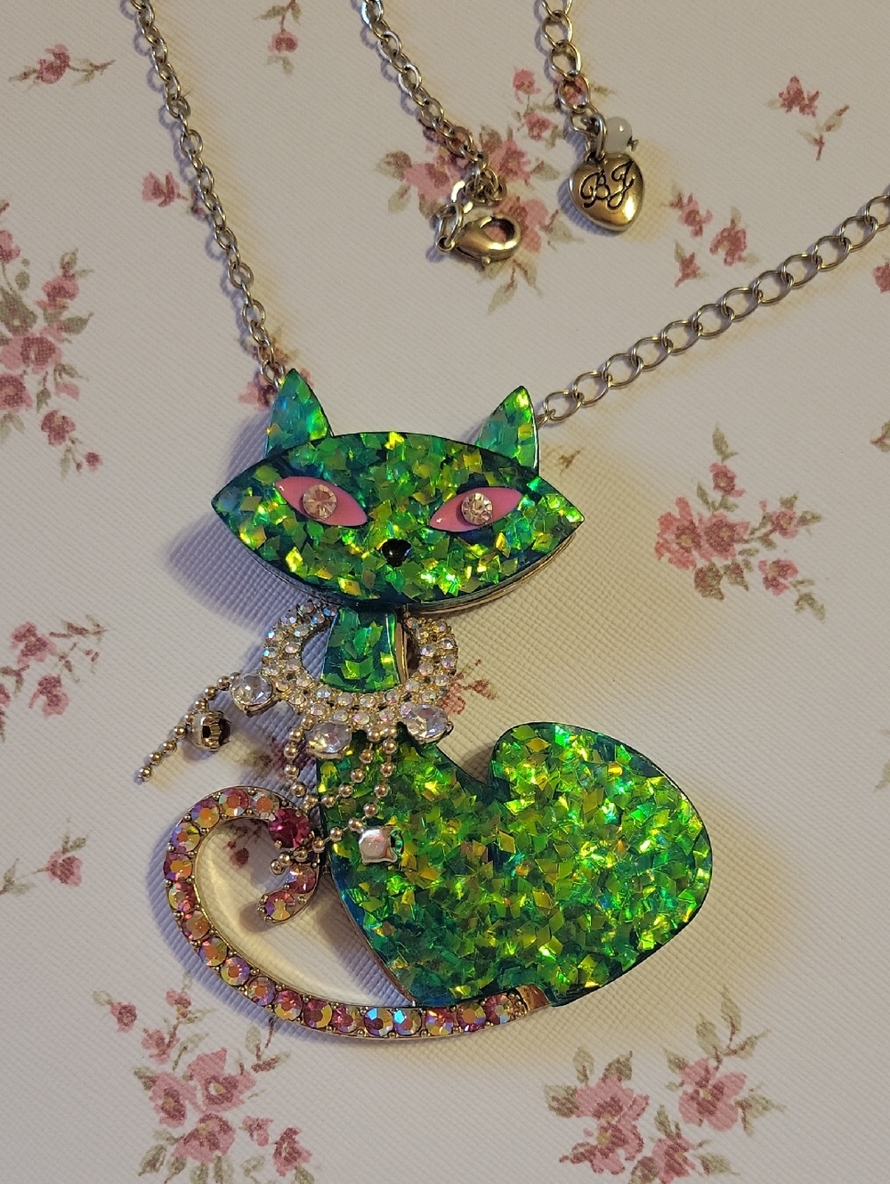 Betsy Johnson Green Cat Crystal Pendant Necklace - Fashion Jewelry